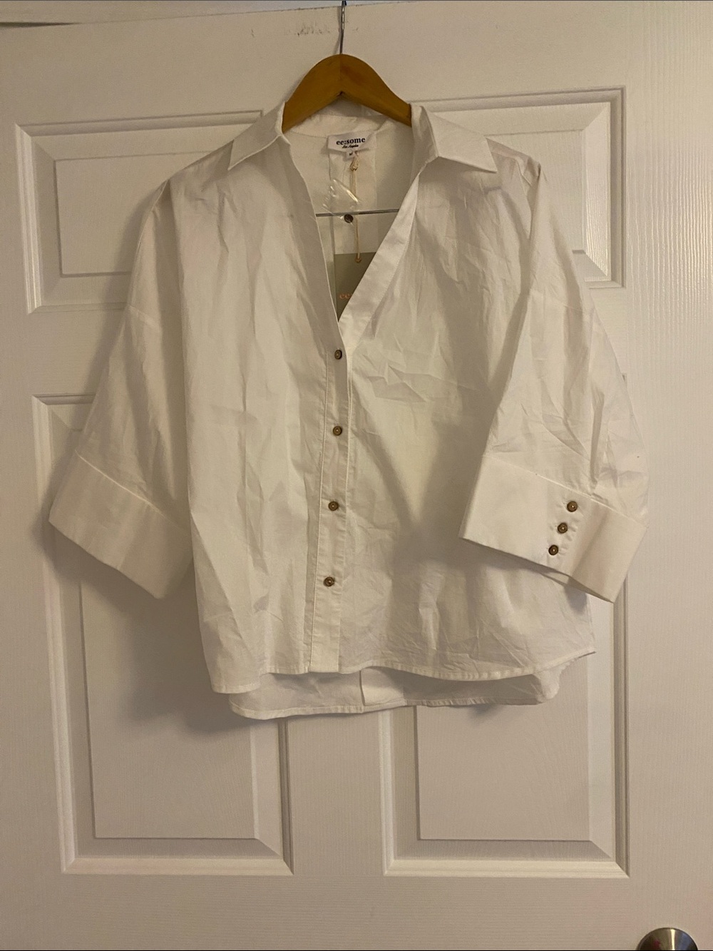 eesome White Button-Front Relaxed Cotton Blouse